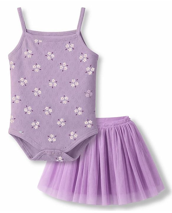 Babyhug 100% Interlock Knit Sleeveless Onesie & Skirt With Floral Print - Purple