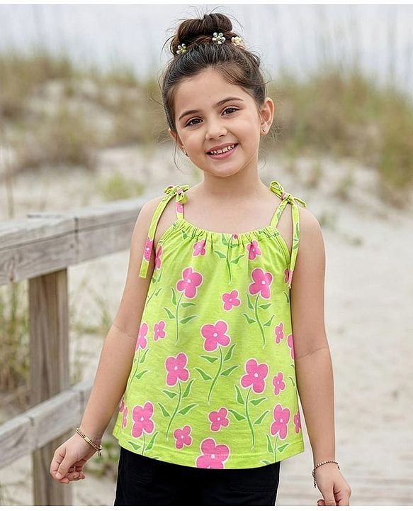 Pine Kids Cotton Knit Sleeveless Floral Printed Top - Light Green