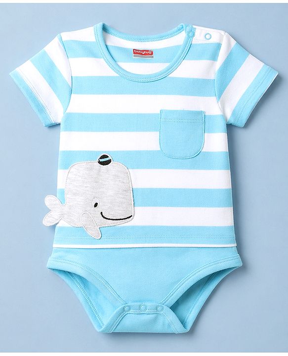 Babyhug 100% Cotton Interlock Knit Half Sleeves Striped Onesie With Whale Applique - Light Blue