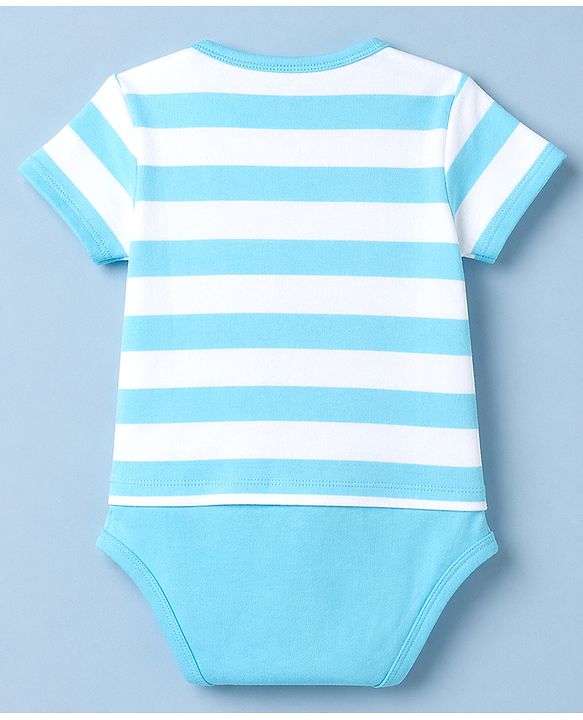 Babyhug 100% Cotton Interlock Knit Half Sleeves Striped Onesie With Whale Applique - Light Blue