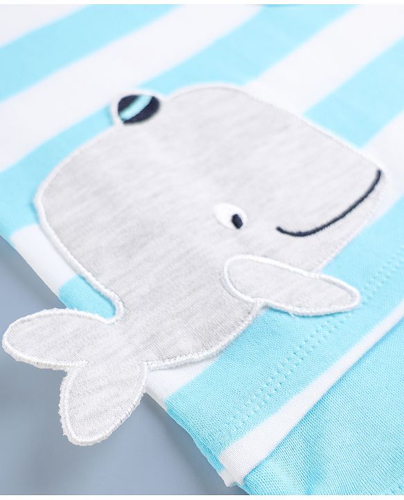 Babyhug 100% Cotton Interlock Knit Half Sleeves Striped Onesie With Whale Applique - Light Blue