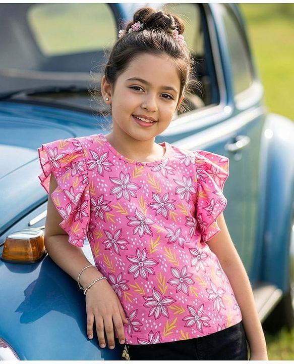Pine Kids Cotton Knit Flutter Sleeves Floral Printed Top - Pink