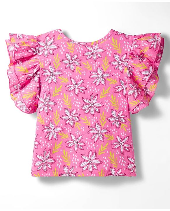 Pine Kids Cotton Knit Flutter Sleeves Floral Printed Top - Pink