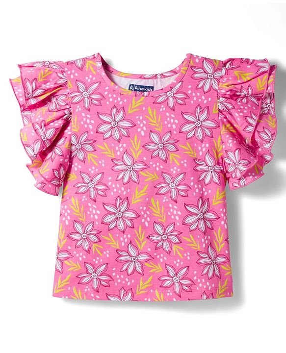 Pine Kids Cotton Knit Flutter Sleeves Floral Printed Top - Pink