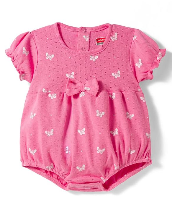 Babyhug 100% Cotton Interlock Knit Half Sleeves Onesie & Hairband With Butterfly Print & Bow Applique - Pink
