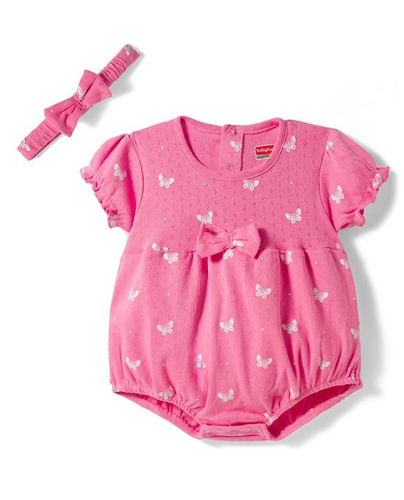 Babyhug 100% Cotton Interlock Knit Half Sleeves Onesie & Hairband With Butterfly Print & Bow Applique - Pink