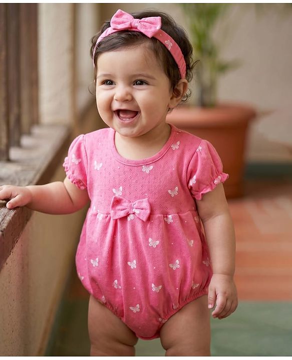 Babyhug 100% Cotton Interlock Knit Half Sleeves Onesie & Hairband With Butterfly Print & Bow Applique - Pink