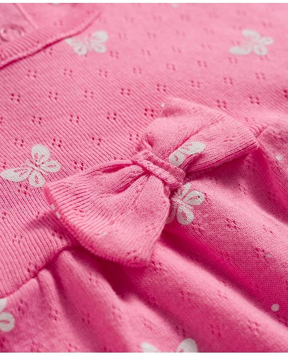 Babyhug 100% Cotton Interlock Knit Half Sleeves Onesie & Hairband With Butterfly Print & Bow Applique - Pink