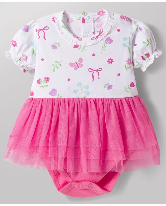 Babyhug 100% Cotton Knit Half Puffed Sleeves Frock Style Onesie with Floral Print - Multicolor