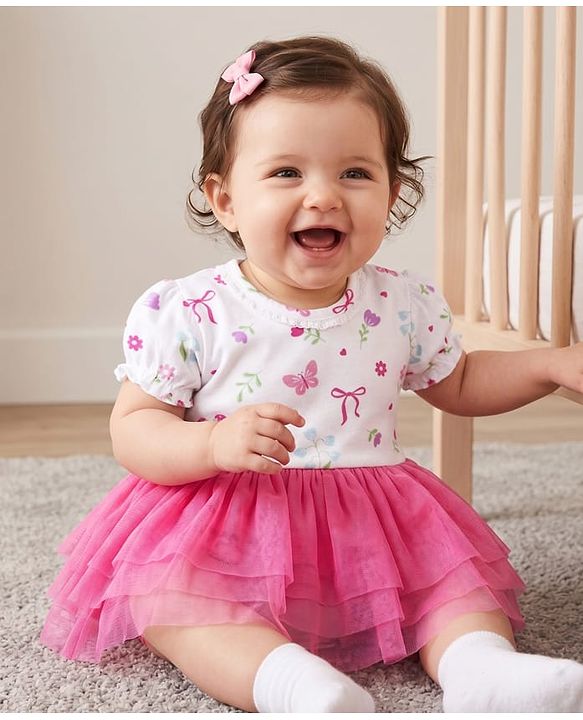 Babyhug 100% Cotton Knit Half Puffed Sleeves Frock Style Onesie with Floral Print - Multicolor