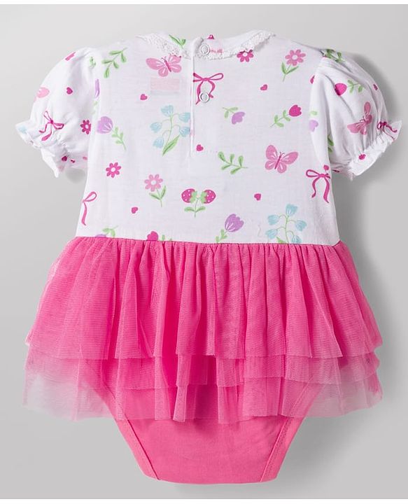 Babyhug 100% Cotton Knit Half Puffed Sleeves Frock Style Onesie with Floral Print - Multicolor