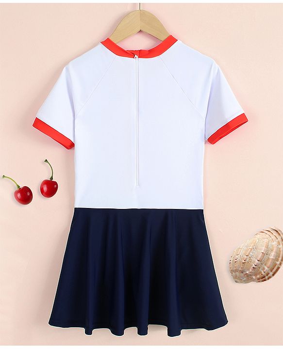 Pine Active Half Raglan Sleeves Text Printed Frock Swimsuit - White