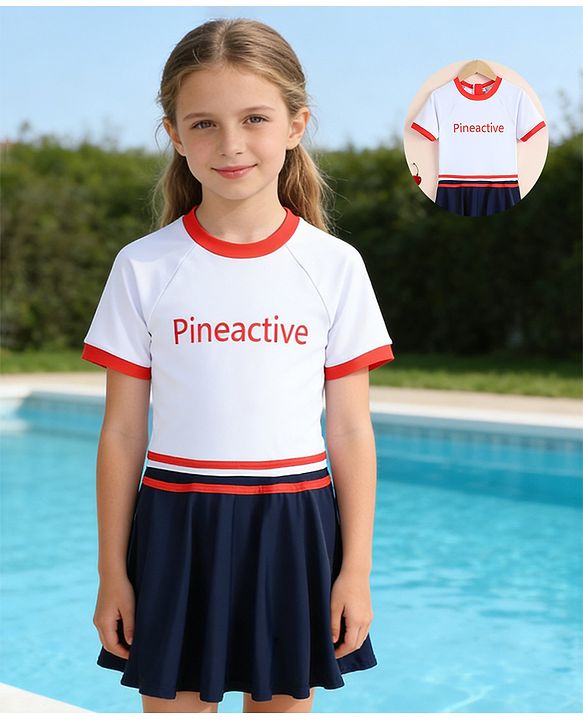 Pine Active Half Raglan Sleeves Text Printed Frock Swimsuit - White