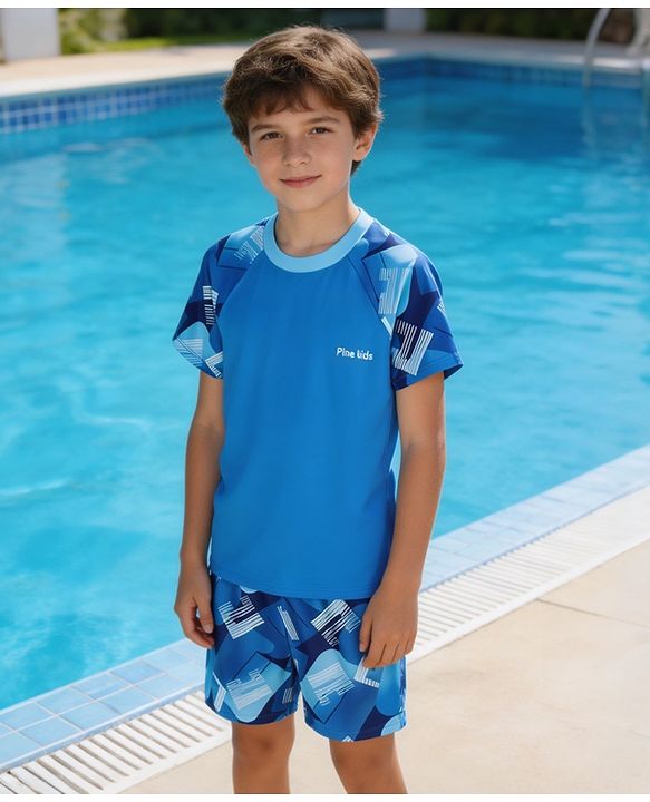 Pine Kids Half Raglan Sleeves Abstract Printed Two Piece Swimsuit - Blue