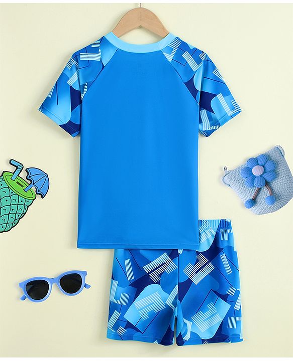 Pine Kids Half Raglan Sleeves Abstract Printed Two Piece Swimsuit - Blue