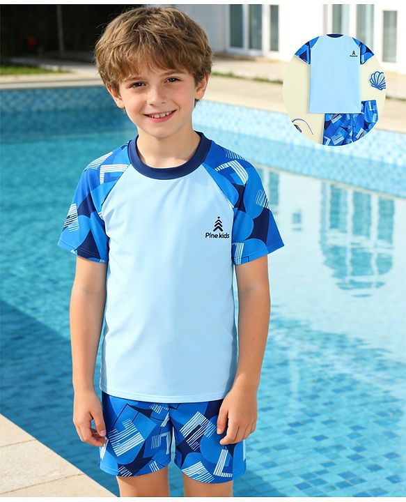 Pine Kids Half Raglan Sleeves Abstract Printed Two Piece Swimsuit - Blue