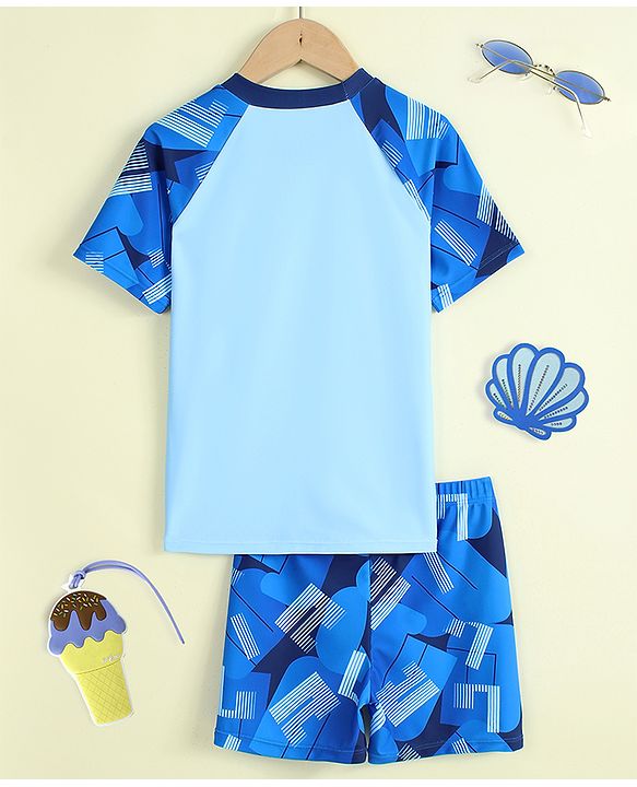 Pine Kids Half Raglan Sleeves Abstract Printed Two Piece Swimsuit - Blue