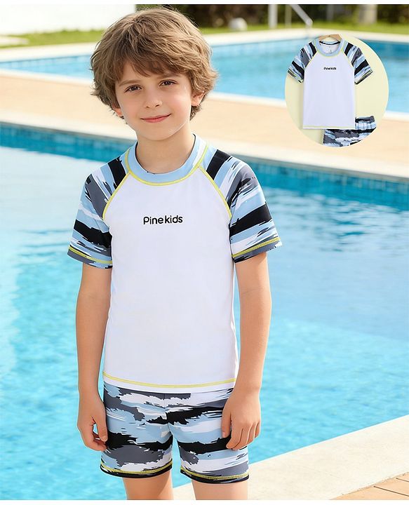Pine Kids Half Raglan Sleeves Striped Two Piece Swimsuit - White