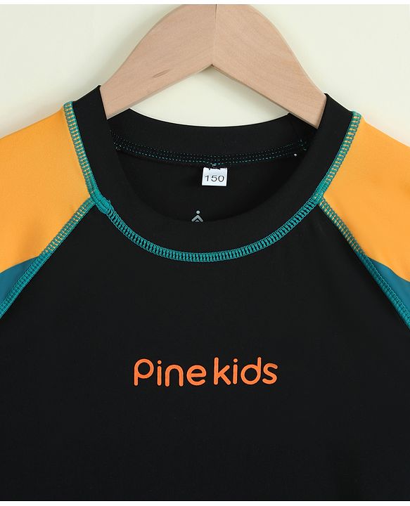 Pine Kids Half Raglan Sleeves Colour Block Two Piece Swimsuit with Text Print - Black