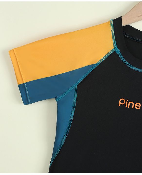 Pine Kids Half Raglan Sleeves Colour Block Two Piece Swimsuit with Text Print - Black