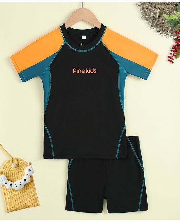 Pine Kids Half Raglan Sleeves Colour Block Two Piece Swimsuit with Text Print - Black