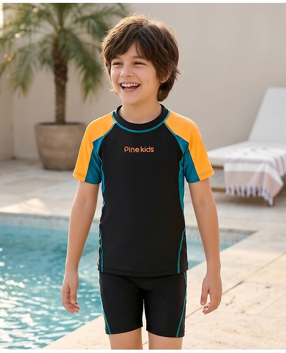 Pine Kids Half Raglan Sleeves Colour Block Two Piece Swimsuit with Text Print - Black