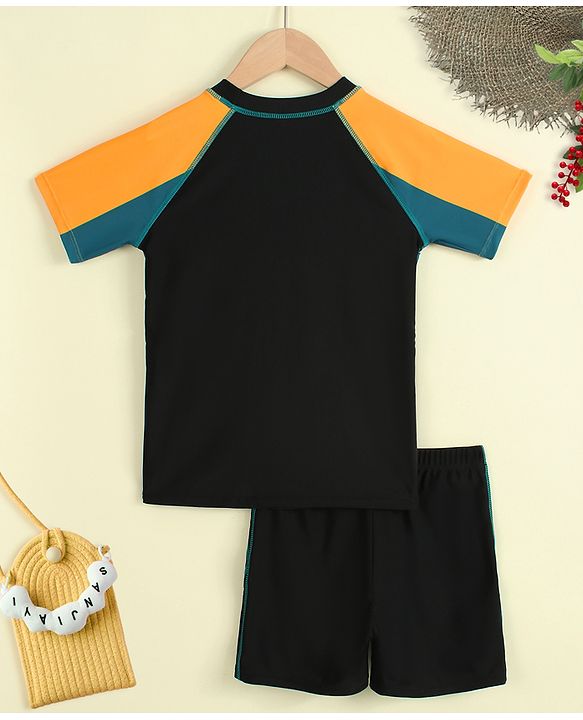 Pine Kids Half Raglan Sleeves Colour Block Two Piece Swimsuit with Text Print - Black