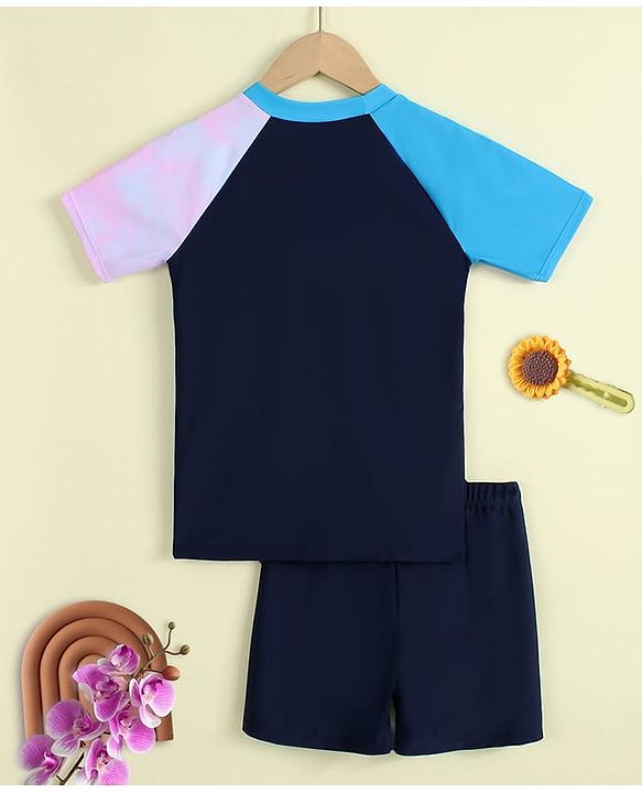 Pine Kids Half Raglan Sleeves Colour Block Two Piece Swimsuit with Text Print- Navy Blue