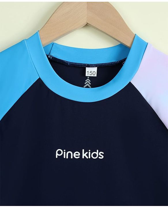 Pine Kids Half Raglan Sleeves Colour Block Two Piece Swimsuit with Text Print- Navy Blue