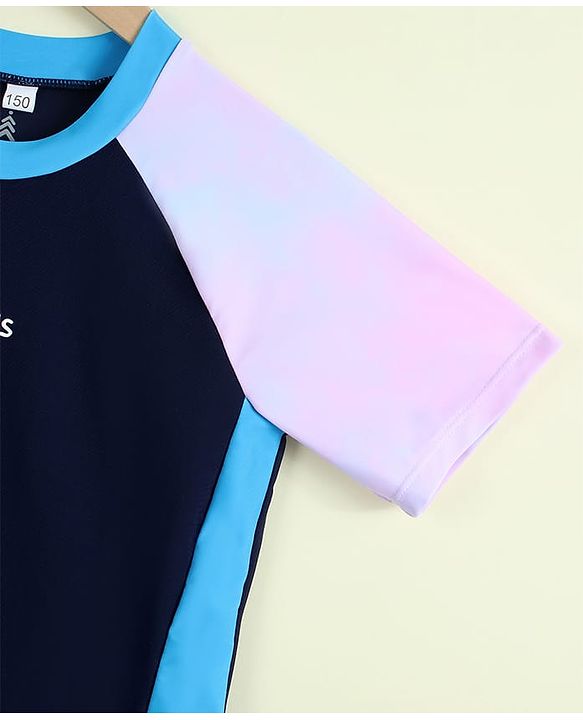 Pine Kids Half Raglan Sleeves Colour Block Two Piece Swimsuit with Text Print- Navy Blue
