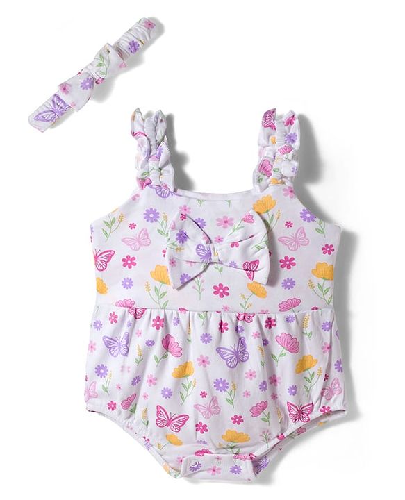 Babyhug 100% Cotton Knit Sleeveless Floral Printed Onesie with Headband & Bow Applique- White