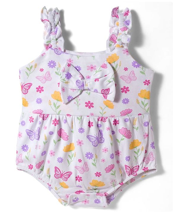 Babyhug 100% Cotton Knit Sleeveless Floral Printed Onesie with Headband & Bow Applique- White