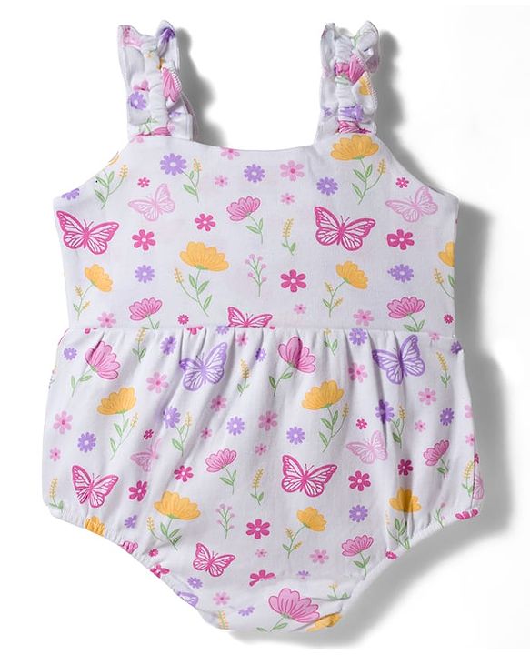 Babyhug 100% Cotton Knit Sleeveless Floral Printed Onesie with Headband & Bow Applique- White