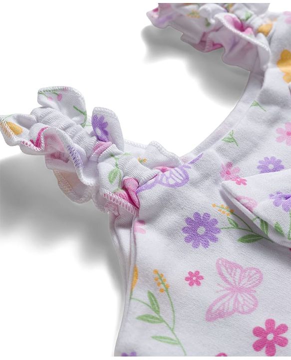 Babyhug 100% Cotton Knit Sleeveless Floral Printed Onesie with Headband & Bow Applique- White