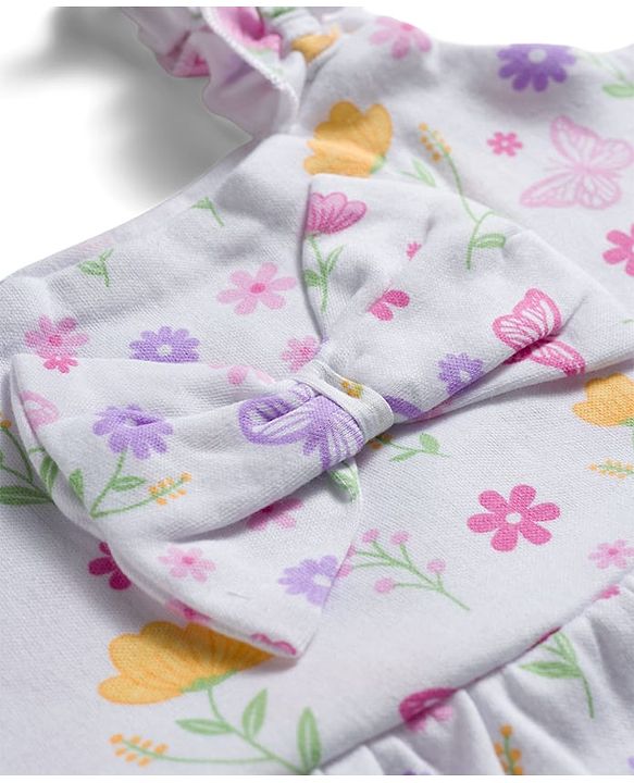 Babyhug 100% Cotton Knit Sleeveless Floral Printed Onesie with Headband & Bow Applique- White