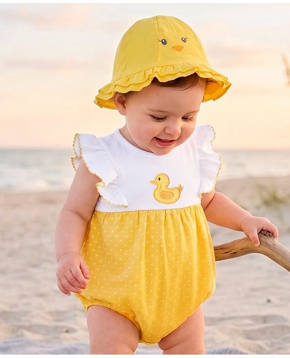 Babyhug 100% Cotton Knit Sleeveless Duck Embroidered & Polka Dots Printed Onesie With Cap - Yellow & White