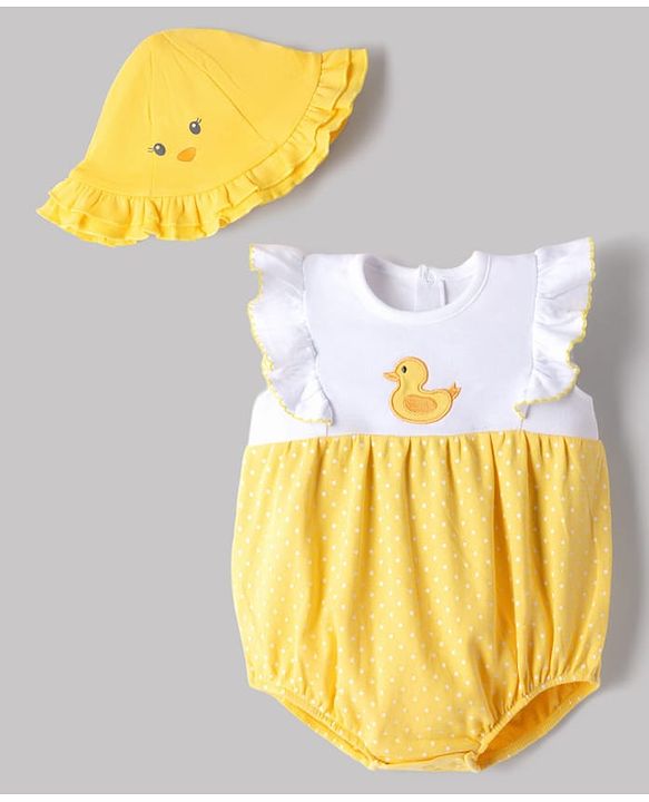 Babyhug 100% Cotton Knit Sleeveless Duck Embroidered & Polka Dots Printed Onesie With Cap - Yellow & White