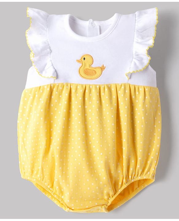 Babyhug 100% Cotton Knit Sleeveless Duck Embroidered & Polka Dots Printed Onesie With Cap - Yellow & White