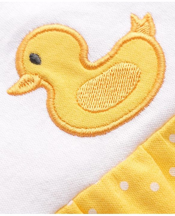 Babyhug 100% Cotton Knit Sleeveless Duck Embroidered & Polka Dots Printed Onesie With Cap - Yellow & White