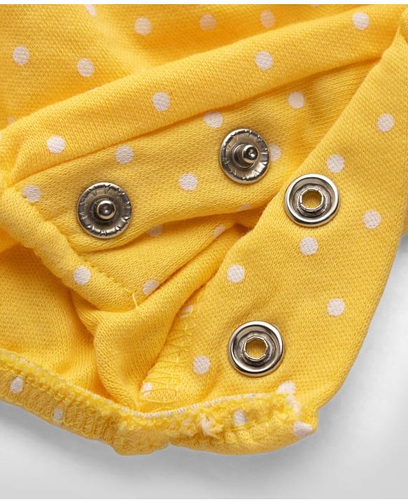 Babyhug 100% Cotton Knit Sleeveless Duck Embroidered & Polka Dots Printed Onesie With Cap - Yellow & White