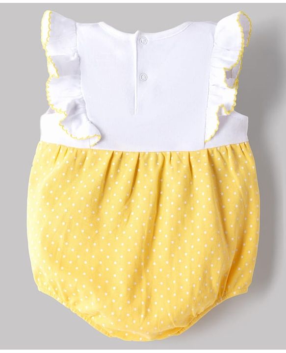 Babyhug 100% Cotton Knit Sleeveless Duck Embroidered & Polka Dots Printed Onesie With Cap - Yellow & White