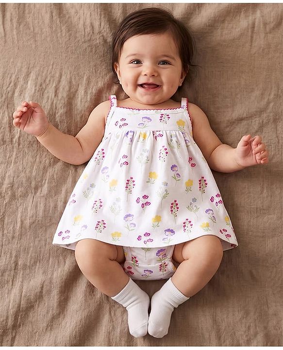 Babyhug 100% Cotton Knit Sleeveless Onesie with Floral Print - White