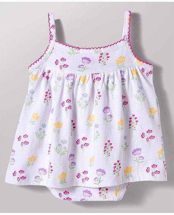 Babyhug 100% Cotton Knit Sleeveless Onesie with Floral Print - White