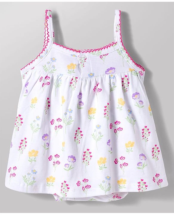 Babyhug 100% Cotton Knit Sleeveless Onesie with Floral Print - White