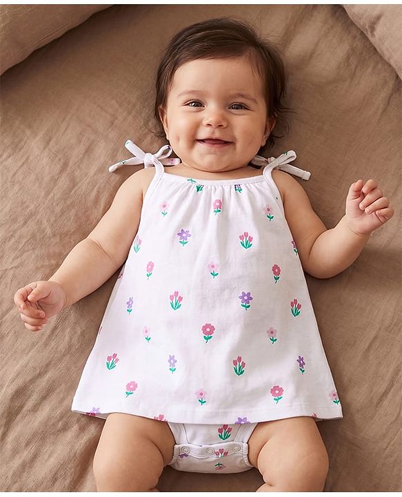 Babyhug 100% Cotton Knit Floral Printed Frock Style Onesie - White