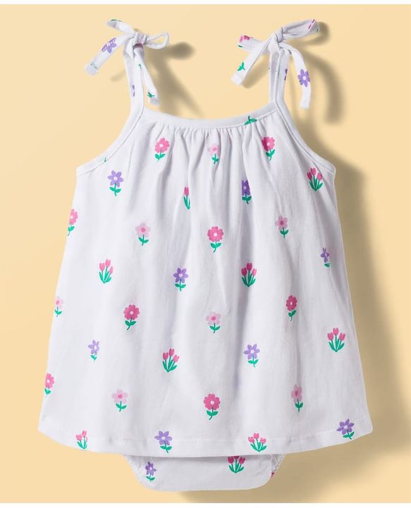 Babyhug 100% Cotton Knit Floral Printed Frock Style Onesie - White