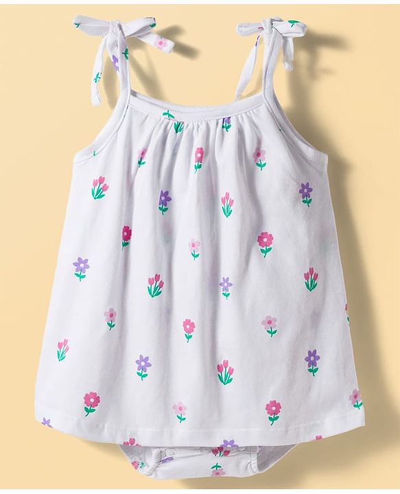 Babyhug 100% Cotton Knit Floral Printed Frock Style Onesie - White