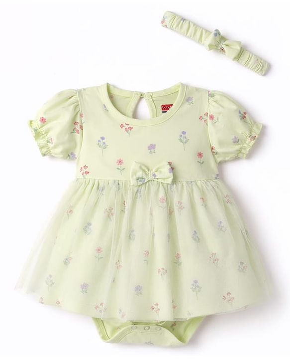 Babyhug 100% Cotton Knit Half Puffed Sleeves Floral Printed Frock Style Onesie with Headband & Bow Applique - Lime Green