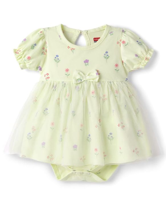 Babyhug 100% Cotton Knit Half Puffed Sleeves Floral Printed Frock Style Onesie with Headband & Bow Applique - Lime Green