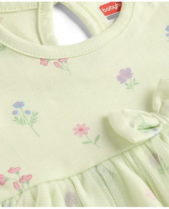 Babyhug 100% Cotton Knit Half Puffed Sleeves Floral Printed Frock Style Onesie with Headband & Bow Applique - Lime Green